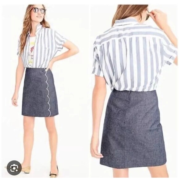 J Crew Women Skirt SZ 4 Blue Chambray Scallop Embroidered A-Line 100% Cotton NWT - Picture 1 of 8